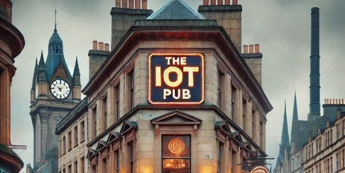 Bild på byggnad med en skylt med texten The IoT Pub.