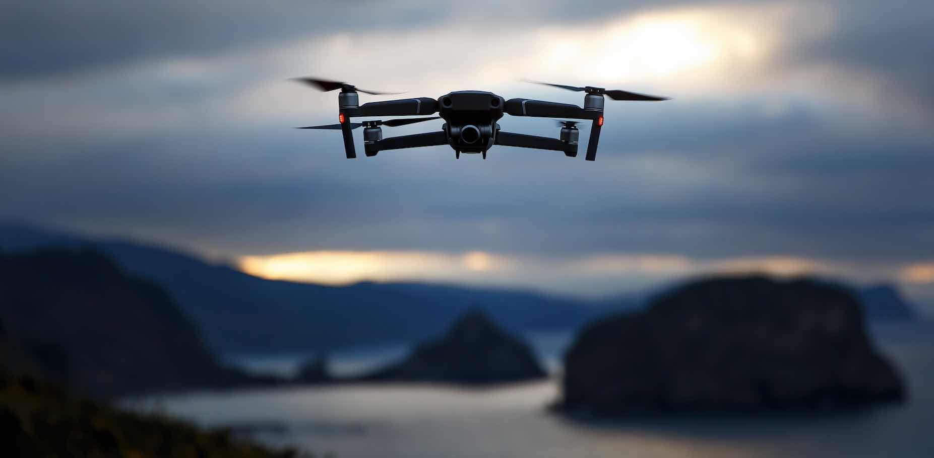 Drönare i lanskap med sjö och berg.